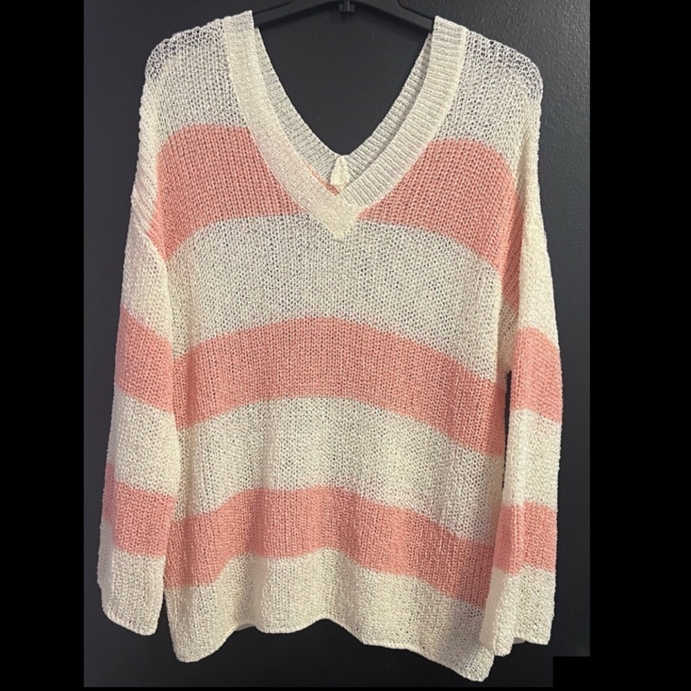 POL V-Neck Striped Open Knit Sweater in Cream and Coral